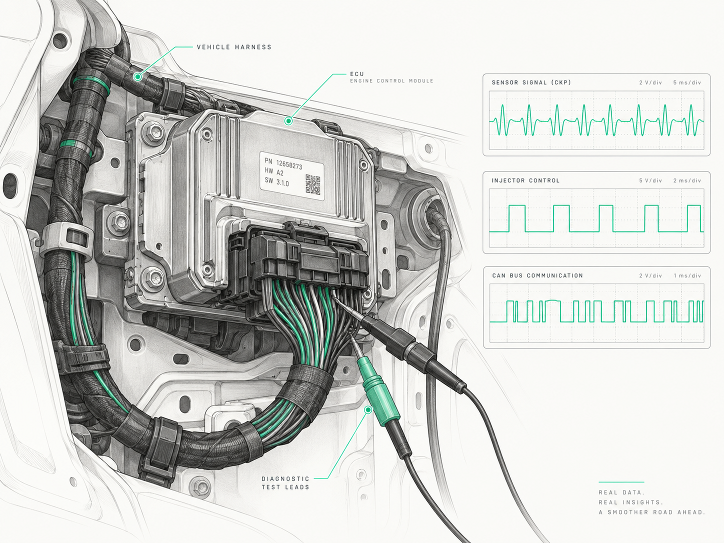 Technical illustration of an automotive engine control module